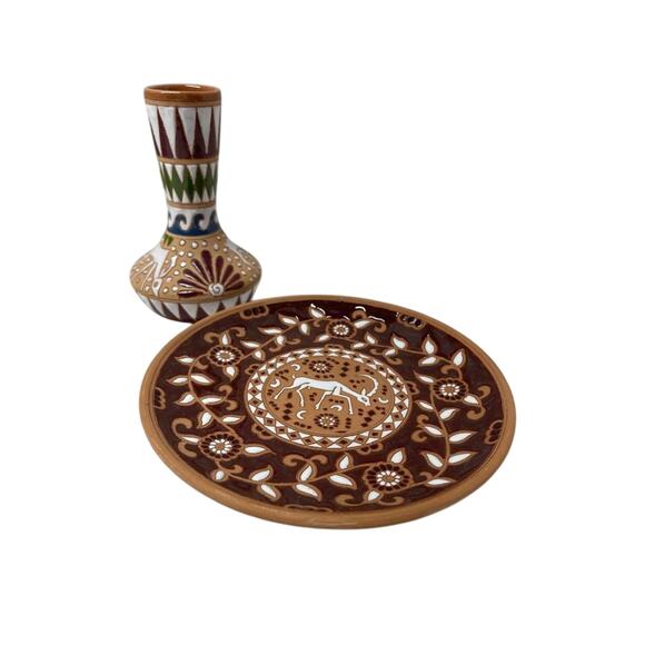 Greek Handmade Terracotta Plate and Vase, Rhodes Greece, Bonis Pottery - Picture 1 of 7